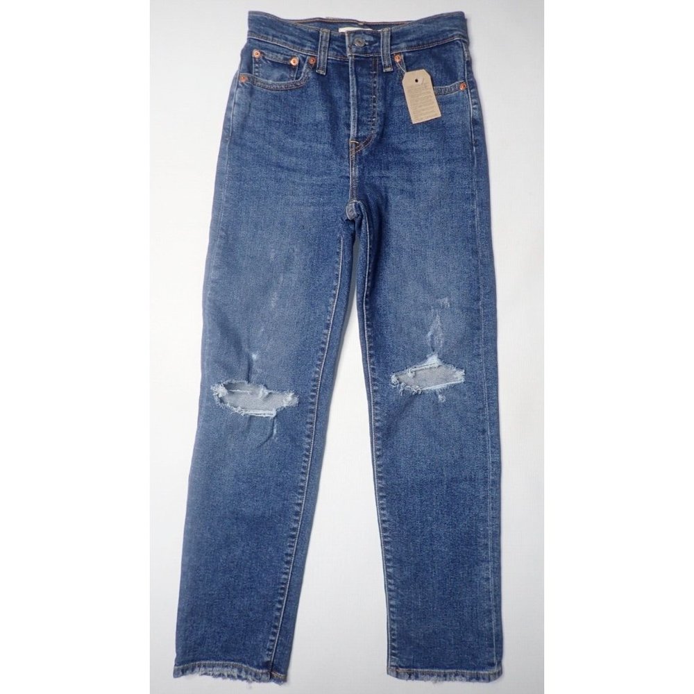 Levis Premium Wedgie Straight Jeans Womens 24x28‎ Blue Distressed Button Fly NEW